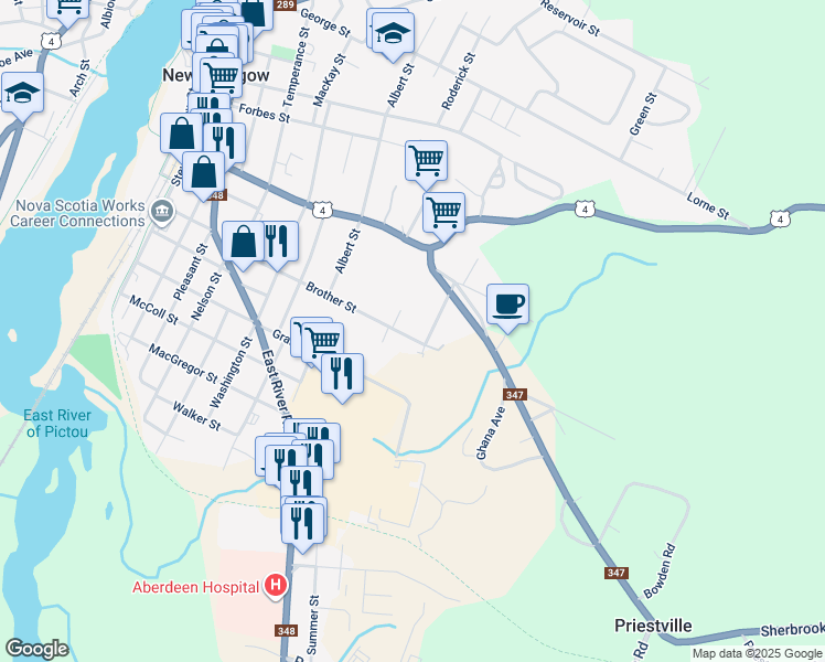 map of restaurants, bars, coffee shops, grocery stores, and more near 476 Brother Street in New Glasgow