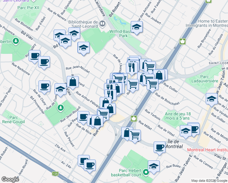 map of restaurants, bars, coffee shops, grocery stores, and more near 4929 Rue Jarry Est in Montréal