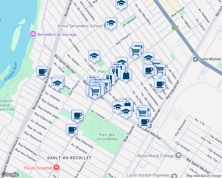 map of restaurants, bars, coffee shops, grocery stores, and more near 3340 Rue Fleury Est in Montréal