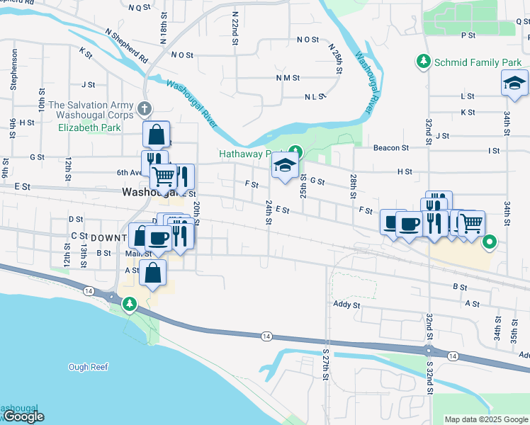 map of restaurants, bars, coffee shops, grocery stores, and more near 2302 E Street in Washougal