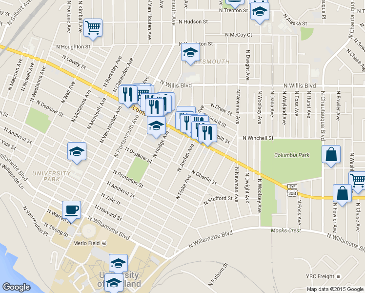 map of restaurants, bars, coffee shops, grocery stores, and more near 7459 North Haven Avenue in Portland