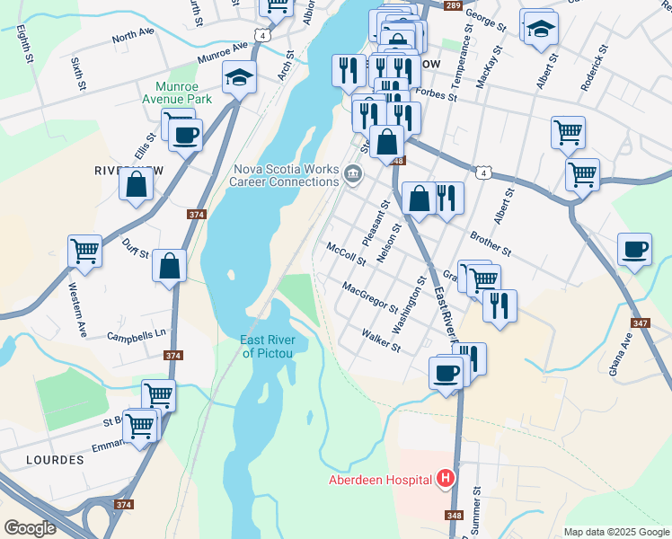 map of restaurants, bars, coffee shops, grocery stores, and more near 475 Pleasant Street in New Glasgow