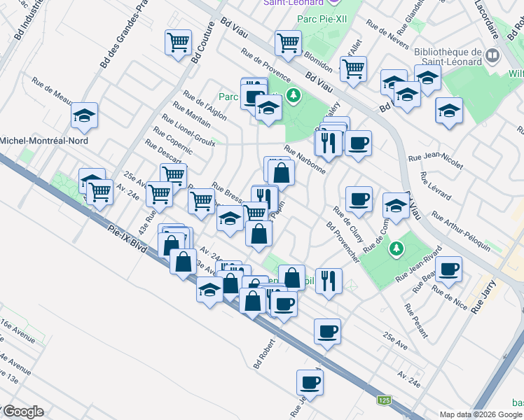 map of restaurants, bars, coffee shops, grocery stores, and more near 4455 Place Denis Papin in Montréal