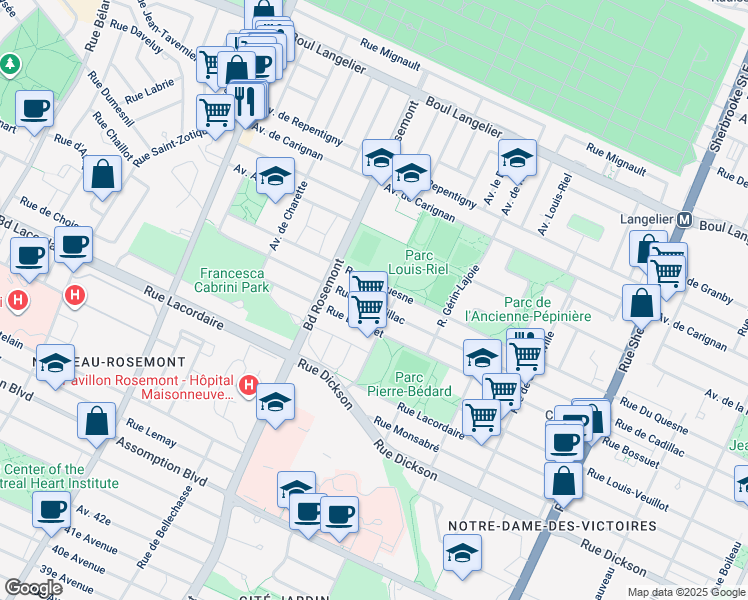 map of restaurants, bars, coffee shops, grocery stores, and more near 5747 Rue de Cadillac in Montréal