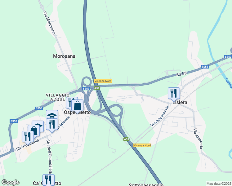 map of restaurants, bars, coffee shops, grocery stores, and more near 64 Via Acque in Vicenza