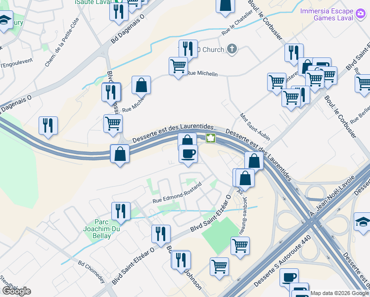 map of restaurants, bars, coffee shops, grocery stores, and more near 3720 Boulevard des Laurentides in Laval