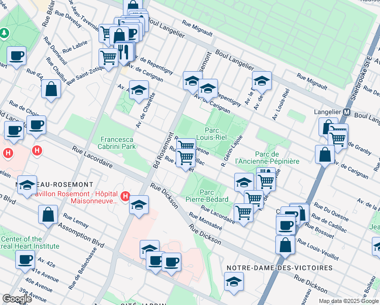 map of restaurants, bars, coffee shops, grocery stores, and more near 5749 Rue de Cadillac in Montréal