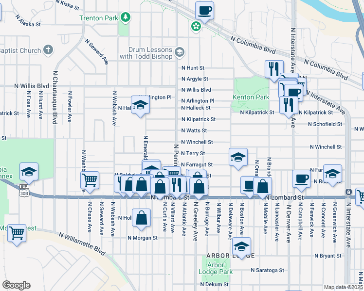 map of restaurants, bars, coffee shops, grocery stores, and more near 7832 North Peninsular Avenue in Portland