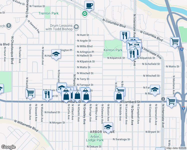 map of restaurants, bars, coffee shops, grocery stores, and more near 2614 North Winchell Street in Portland