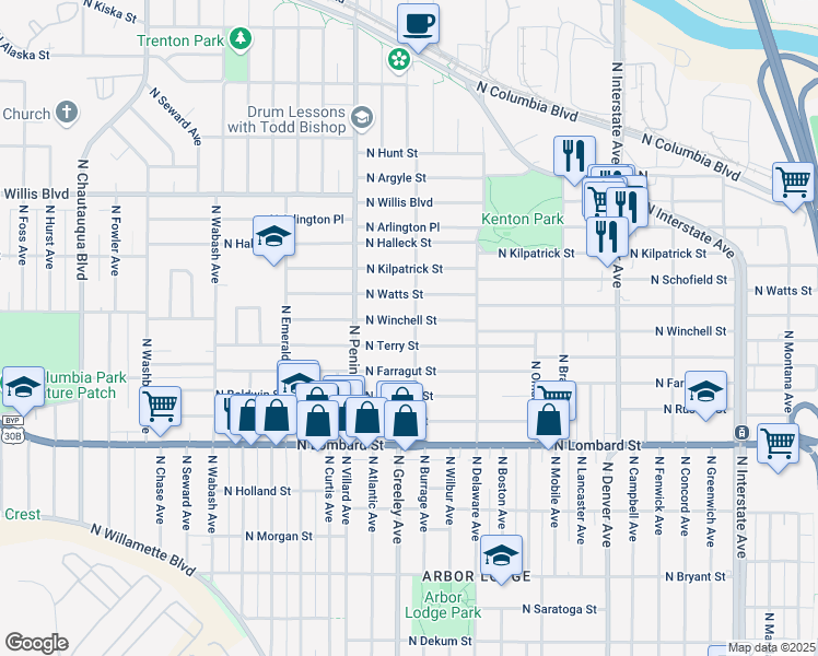 map of restaurants, bars, coffee shops, grocery stores, and more near 2730 North Winchell Street in Portland