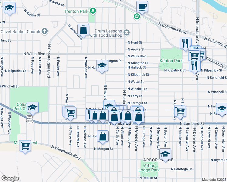 map of restaurants, bars, coffee shops, grocery stores, and more near 3124 North Winchell Street in Portland