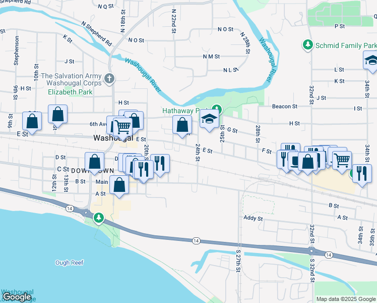 map of restaurants, bars, coffee shops, grocery stores, and more near 2302 E St in Washougal