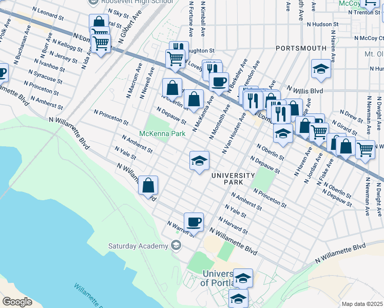 map of restaurants, bars, coffee shops, grocery stores, and more near 5803 North Princeton Street in Portland