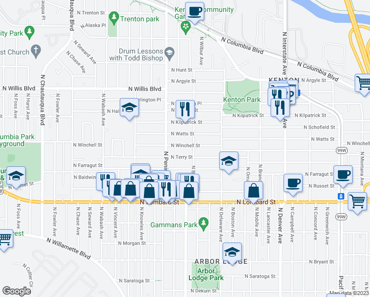 map of restaurants, bars, coffee shops, grocery stores, and more near 2730 North Winchell Street in Portland