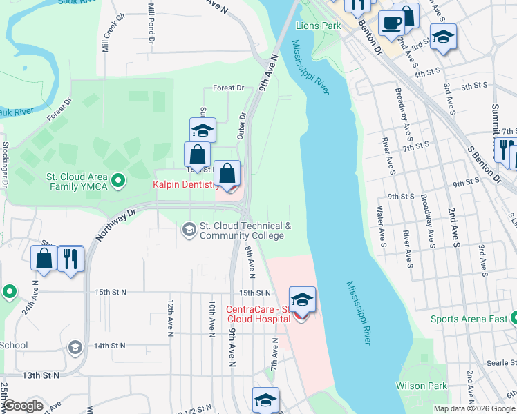 map of restaurants, bars, coffee shops, grocery stores, and more near 1715 Hillcrest Road in St. Cloud