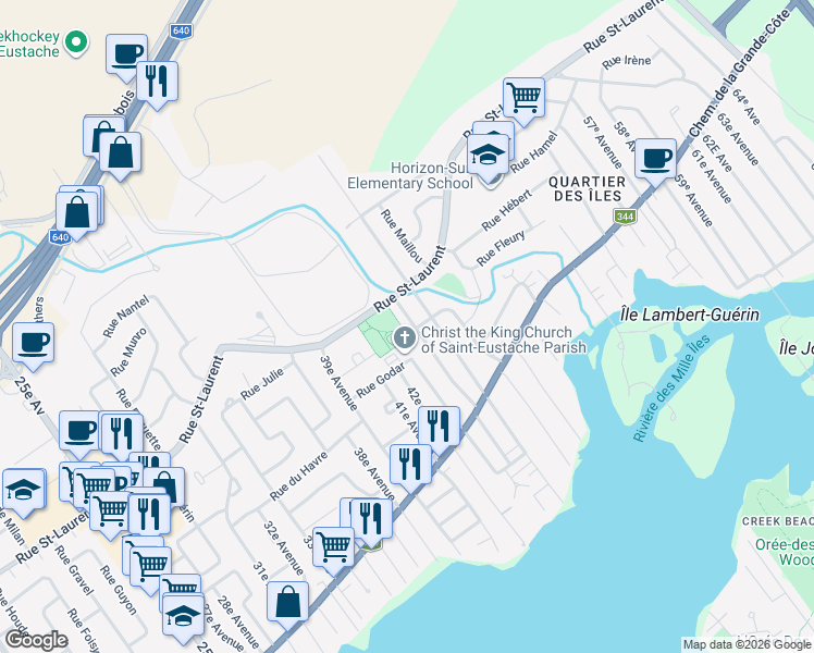map of restaurants, bars, coffee shops, grocery stores, and more near 146 44e Avenue in Saint-Eustache