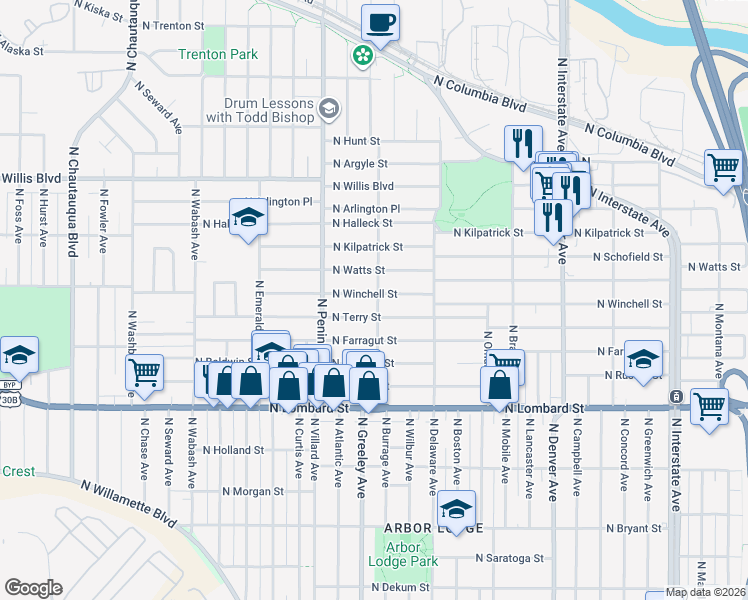 map of restaurants, bars, coffee shops, grocery stores, and more near 2730 North Winchell Street in Portland