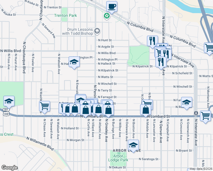 map of restaurants, bars, coffee shops, grocery stores, and more near 2730 North Winchell Street in Portland