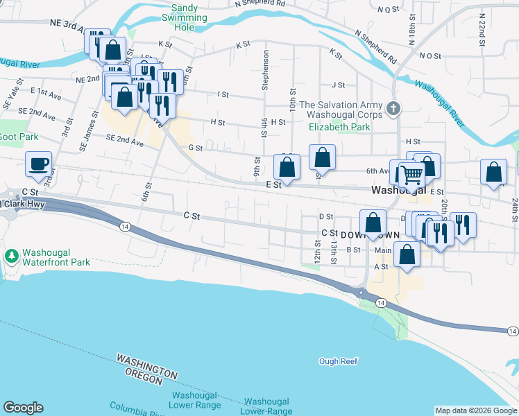 map of restaurants, bars, coffee shops, grocery stores, and more near 922 D Street in Washougal