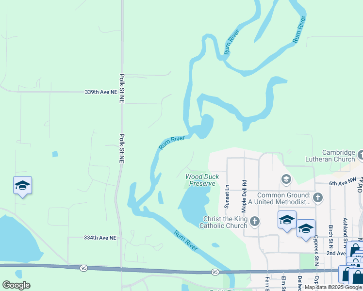 map of restaurants, bars, coffee shops, grocery stores, and more near 621 East Rum River Drive North in Cambridge