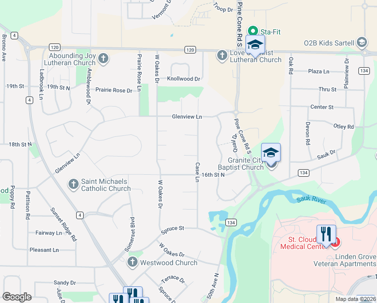 map of restaurants, bars, coffee shops, grocery stores, and more near 5705 Meadowlark Court in St. Cloud