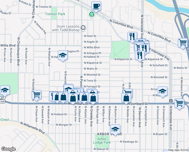 map of restaurants, bars, coffee shops, grocery stores, and more near 2730 North Winchell Street in Portland