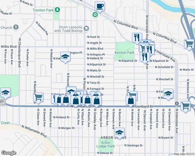map of restaurants, bars, coffee shops, grocery stores, and more near 2730 North Winchell Street in Portland