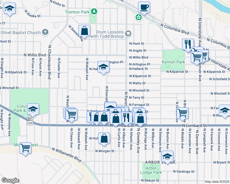 map of restaurants, bars, coffee shops, grocery stores, and more near 3124 North Winchell Street in Portland