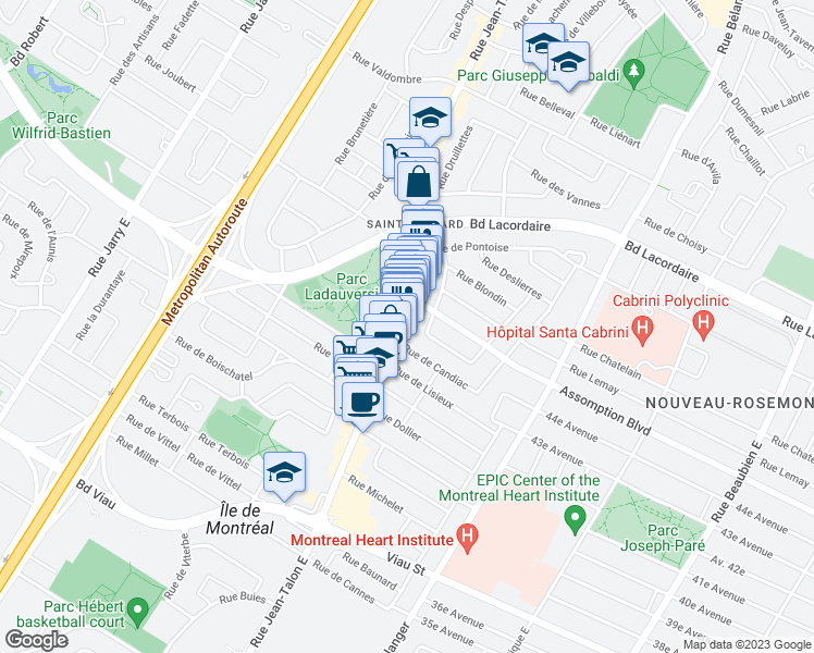 map of restaurants, bars, coffee shops, grocery stores, and more near 5440 Rue Jean-Talon Est in Montréal
