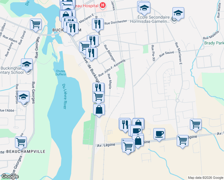 map of restaurants, bars, coffee shops, grocery stores, and more near 712 Rue Maple in Gatineau