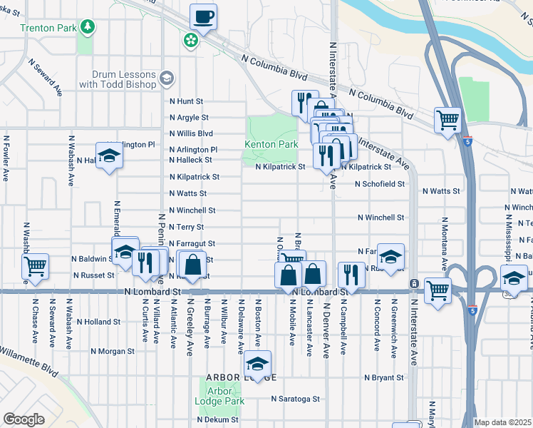 map of restaurants, bars, coffee shops, grocery stores, and more near 2339 North Winchell Street in Portland