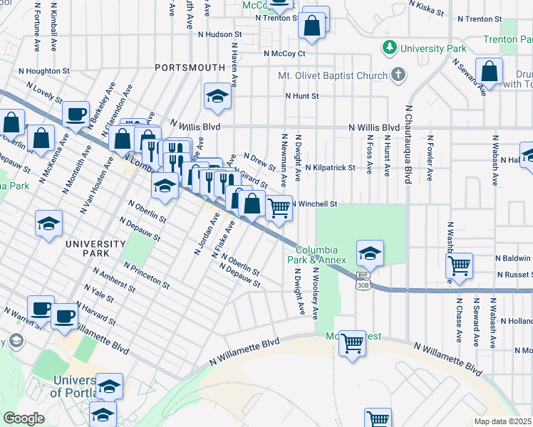map of restaurants, bars, coffee shops, grocery stores, and more near 4748 North Vanderbilt Street in Portland