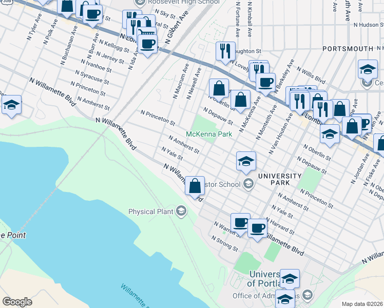 map of restaurants, bars, coffee shops, grocery stores, and more near 6300 North Amherst Street in Portland