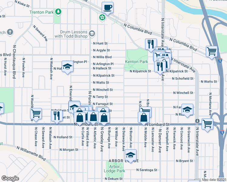 map of restaurants, bars, coffee shops, grocery stores, and more near 2614 North Winchell Street in Portland