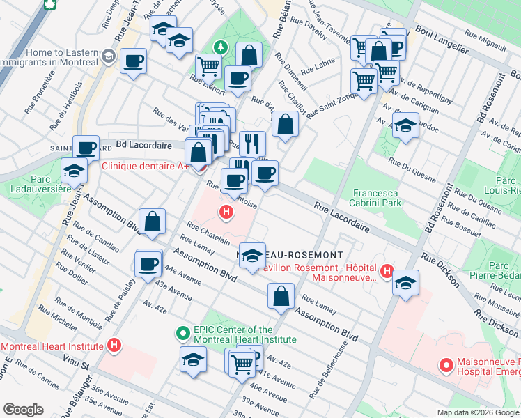 map of restaurants, bars, coffee shops, grocery stores, and more near Rue de Pontoise in Montréal