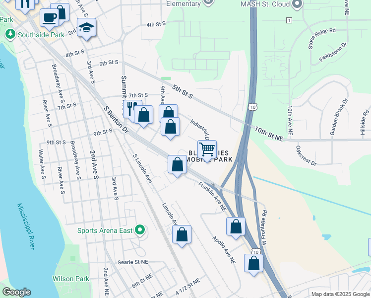 map of restaurants, bars, coffee shops, grocery stores, and more near 1044 South Benton Drive in Sauk Rapids