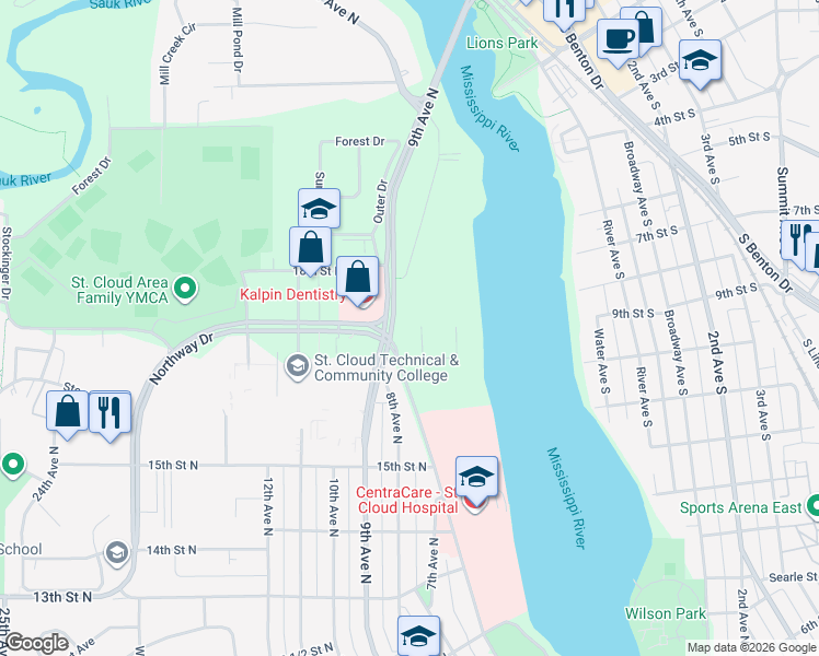 map of restaurants, bars, coffee shops, grocery stores, and more near 1715 Hillcrest Road in St. Cloud
