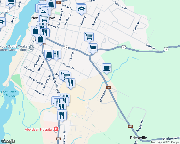 map of restaurants, bars, coffee shops, grocery stores, and more near 347 Tremont Street in New Glasgow
