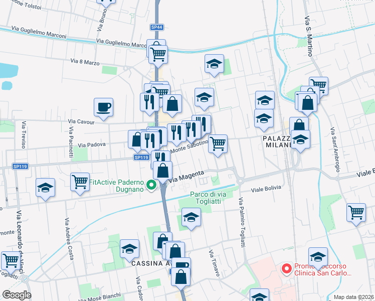 map of restaurants, bars, coffee shops, grocery stores, and more near 2 Via Antonio Pacinotti in Paderno Dugnano