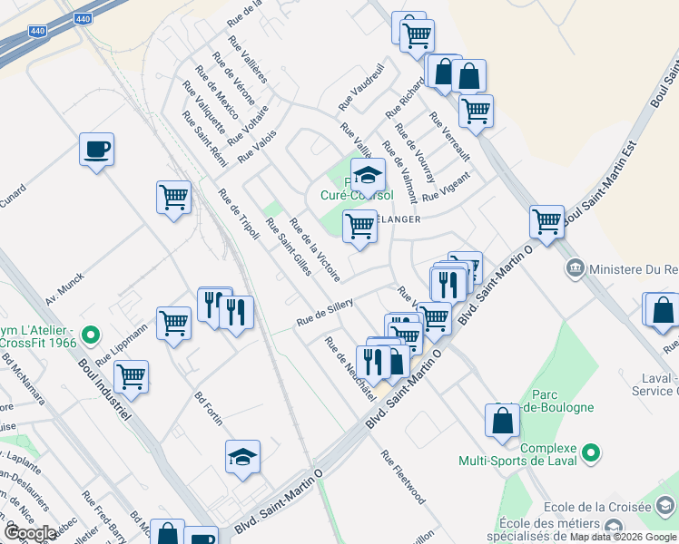 map of restaurants, bars, coffee shops, grocery stores, and more near 1885 Rue de la Victoire in Laval