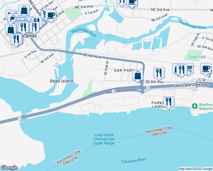 map of restaurants, bars, coffee shops, grocery stores, and more near 1715 Southeast 9th Avenue in Camas