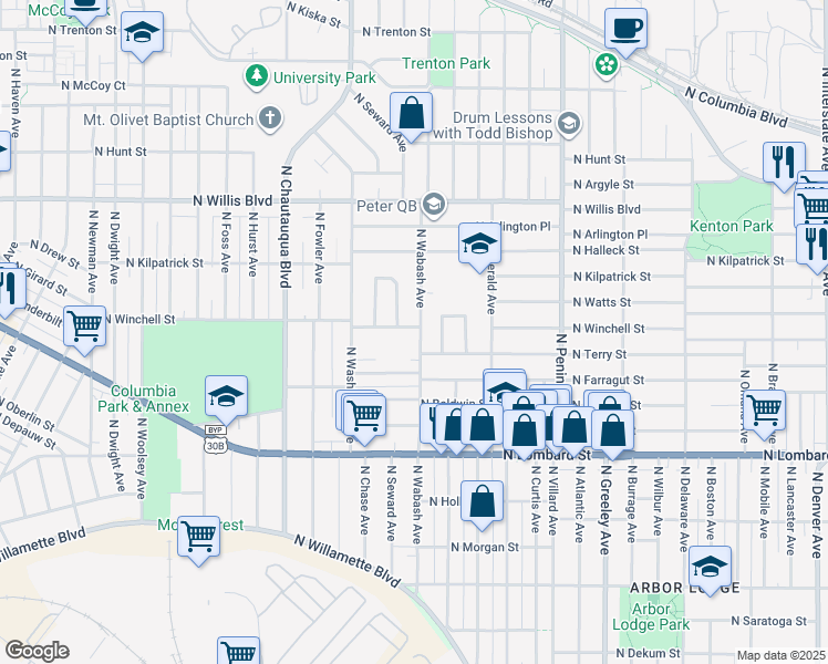 map of restaurants, bars, coffee shops, grocery stores, and more near 7855 North Wabash Avenue in Portland