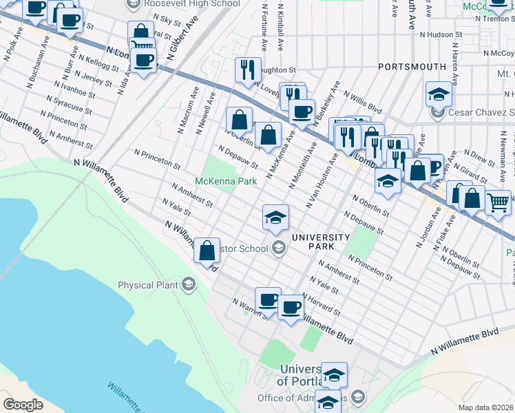 map of restaurants, bars, coffee shops, grocery stores, and more near 5817 North Princeton Street in Portland
