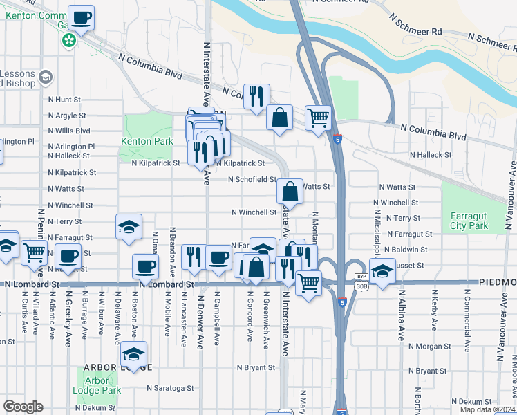 map of restaurants, bars, coffee shops, grocery stores, and more near 1627 North Winchell Street in Portland