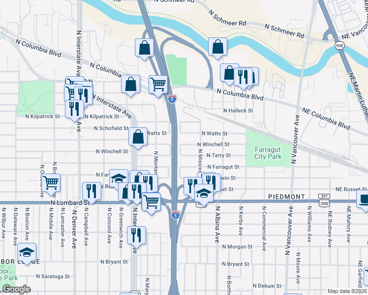 map of restaurants, bars, coffee shops, grocery stores, and more near 1020 North Winchell Street in Portland