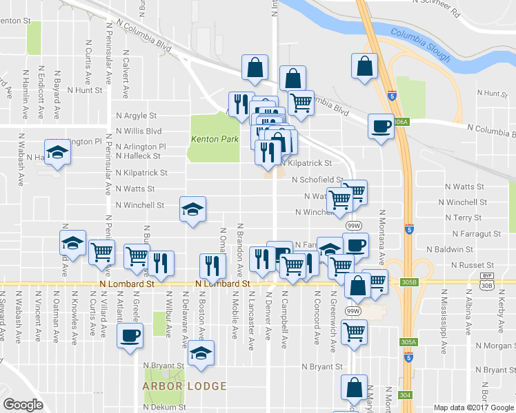 map of restaurants, bars, coffee shops, grocery stores, and more near 2047 North Winchell Street in Portland
