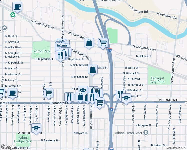 map of restaurants, bars, coffee shops, grocery stores, and more near 7850 North Interstate Avenue in Portland