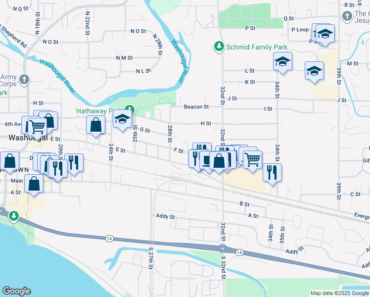 map of restaurants, bars, coffee shops, grocery stores, and more near 607 29th Street in Washougal