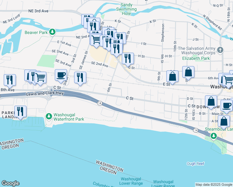 map of restaurants, bars, coffee shops, grocery stores, and more near 653 C Street in Washougal