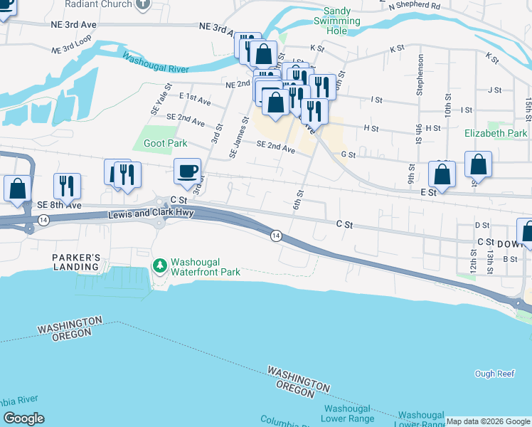 map of restaurants, bars, coffee shops, grocery stores, and more near 510 C Street in Washougal